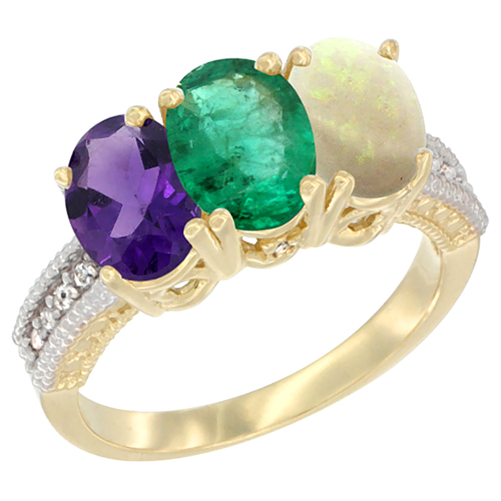 14K Yellow Gold Natural Amethyst, Emerald & Opal Ring 3-Stone 7x5 mm Oval Diamond Accent, sizes 5 - 10