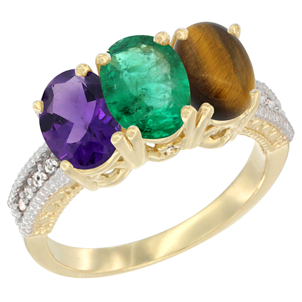 10K Yellow Gold Diamond Natural Amethyst, Emerald & Tiger Eye Ring Oval 3-Stone 7x5 mm,sizes 5-10