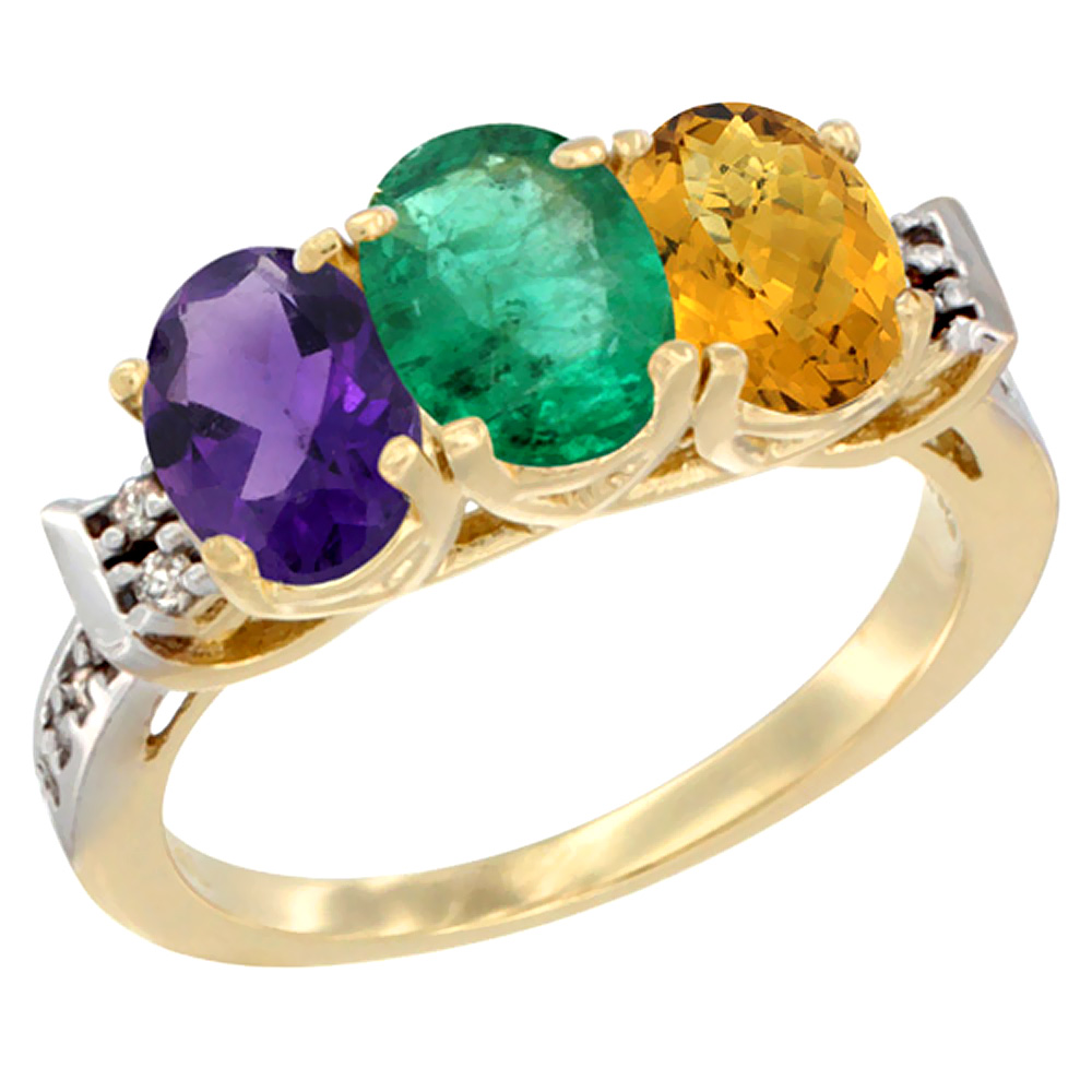 14K Yellow Gold Natural Amethyst, Emerald & Whisky Quartz Ring 3-Stone 7x5 mm Oval Diamond Accent, sizes 5 - 10