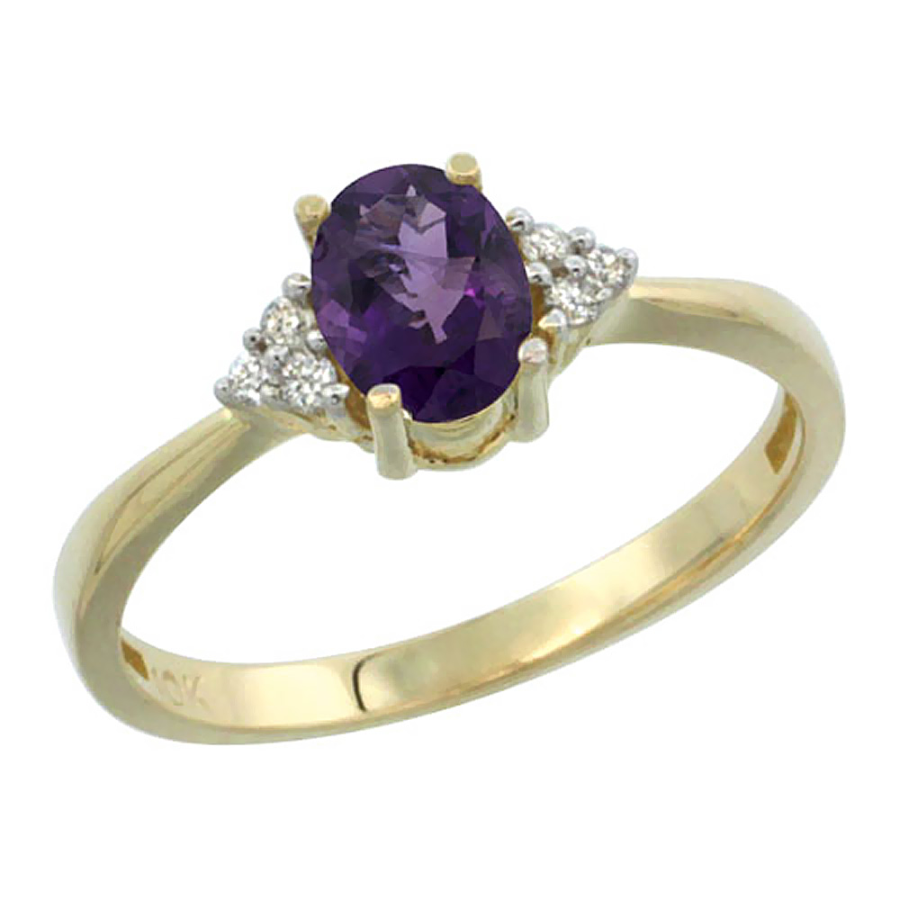 10K Yellow Gold Diamond Genuine Amethyst Engagement Ring Oval 7x5mm sizes 5-10