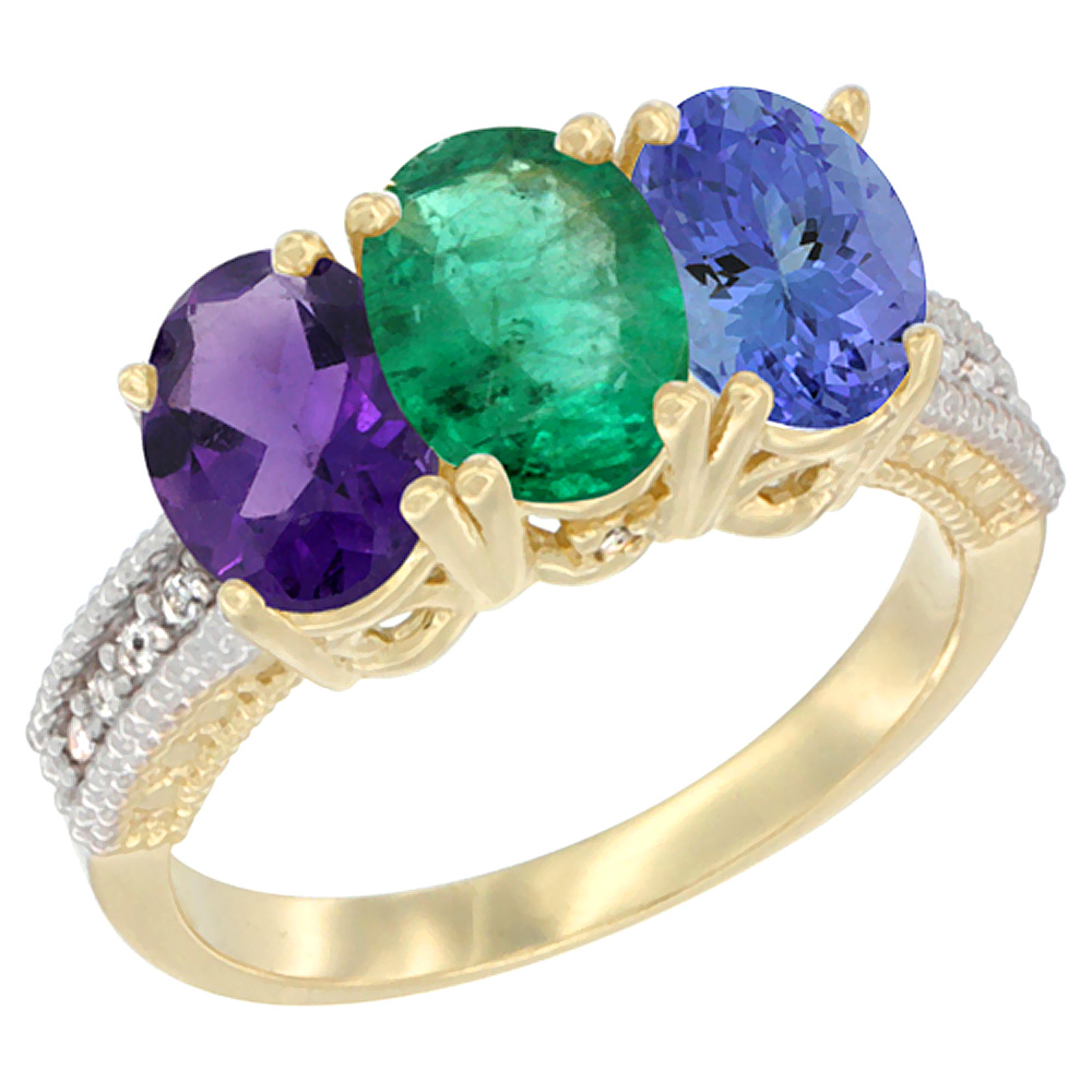 14K Yellow Gold Natural Amethyst, Emerald &amp; Tanzanite Ring 3-Stone 7x5 mm Oval Diamond Accent, sizes 5 - 10