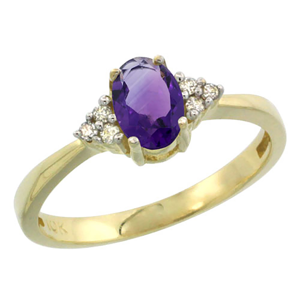 14K Yellow Gold Natural Amethyst Ring Oval 6x4mm Diamond Accent, sizes 5-10