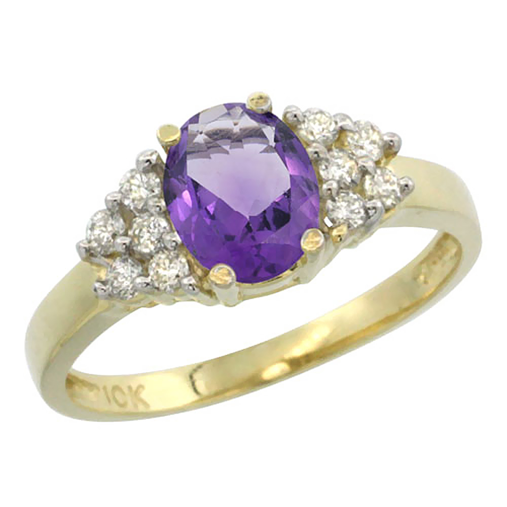 14K Yellow Gold Natural Amethyst Ring Oval 8x6mm Diamond Accent, sizes 5-10