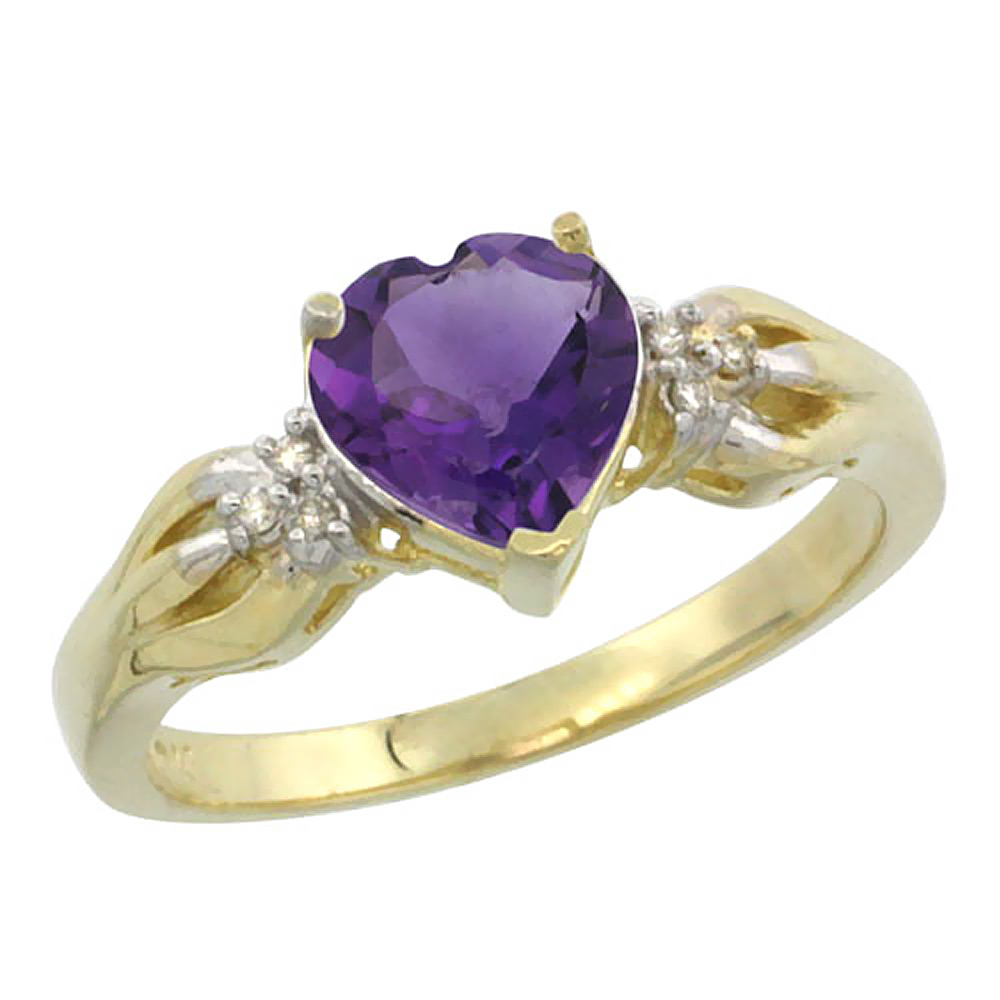 14K Yellow Gold Natural Amethyst Ring Heart-shape 7x7mm Diamond Accent, sizes 5-10