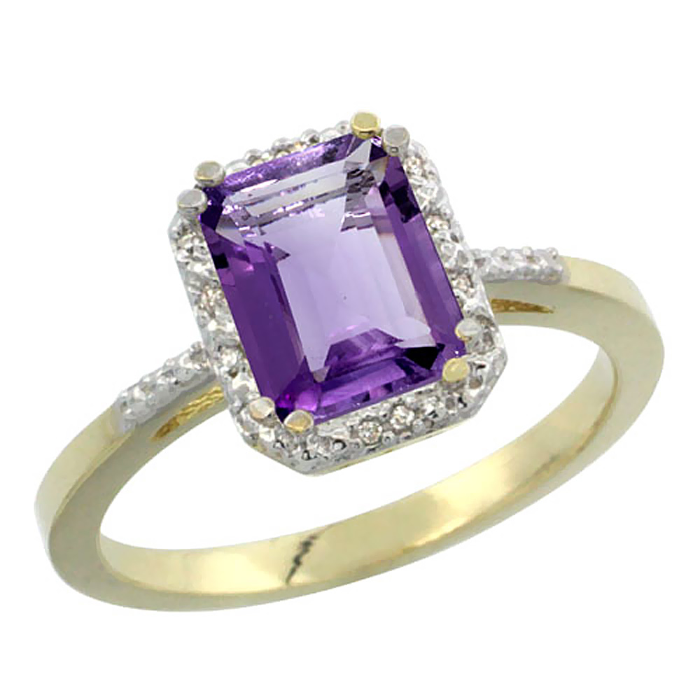 14K Yellow Gold Natural Amethyst Ring Emerald-shape 8x6mm Diamond Accent, sizes 5-10