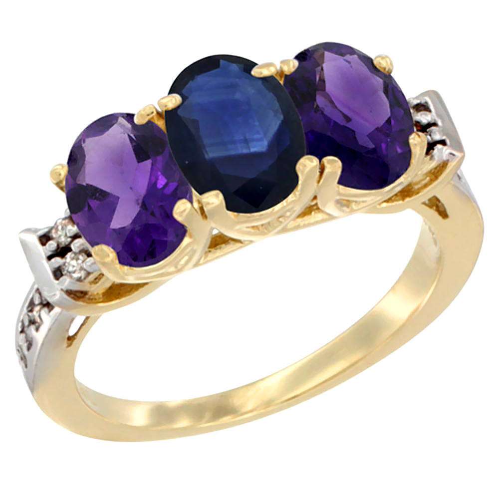 14K Yellow Gold Natural Blue Sapphire &amp; Amethyst Sides Ring 3-Stone 7x5 mm Oval Diamond Accent, sizes 5 - 10