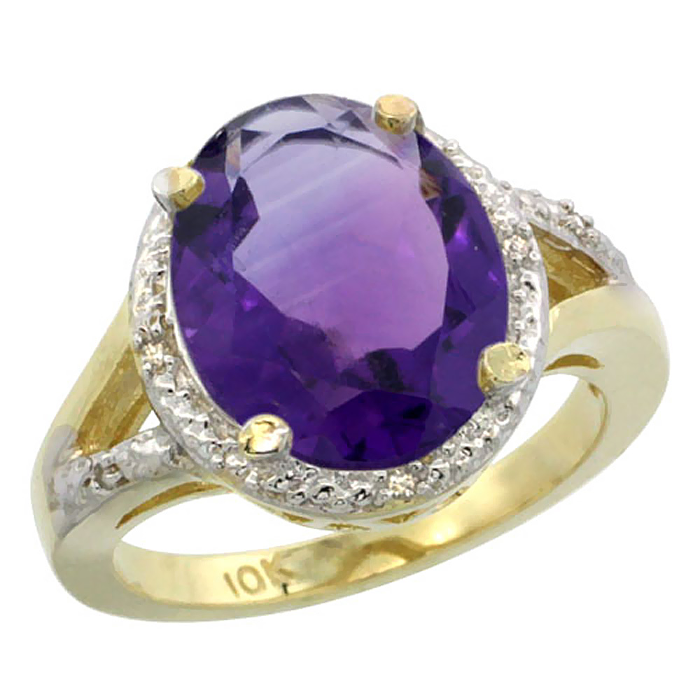 14K Yellow Gold Natural Amethyst Ring Oval 12x10mm Diamond Accent, sizes 5-10