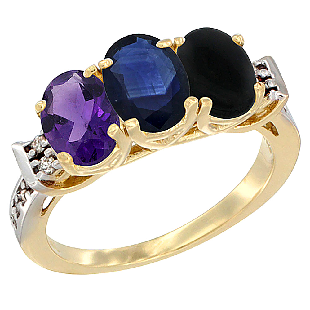 14K Yellow Gold Natural Amethyst, Blue Sapphire &amp; Black Onyx Ring 3-Stone 7x5 mm Oval Diamond Accent, sizes 5 - 10
