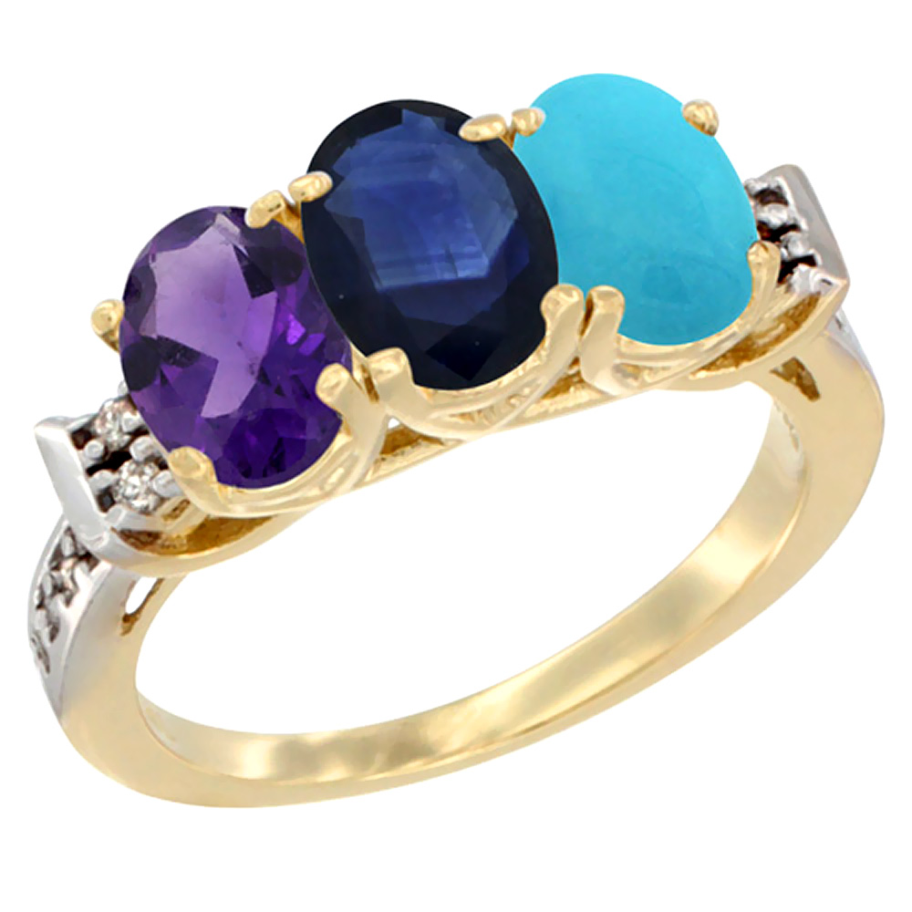 14K Yellow Gold Natural Amethyst, Blue Sapphire & Turquoise Ring 3-Stone 7x5 mm Oval Diamond Accent, sizes 5 - 10