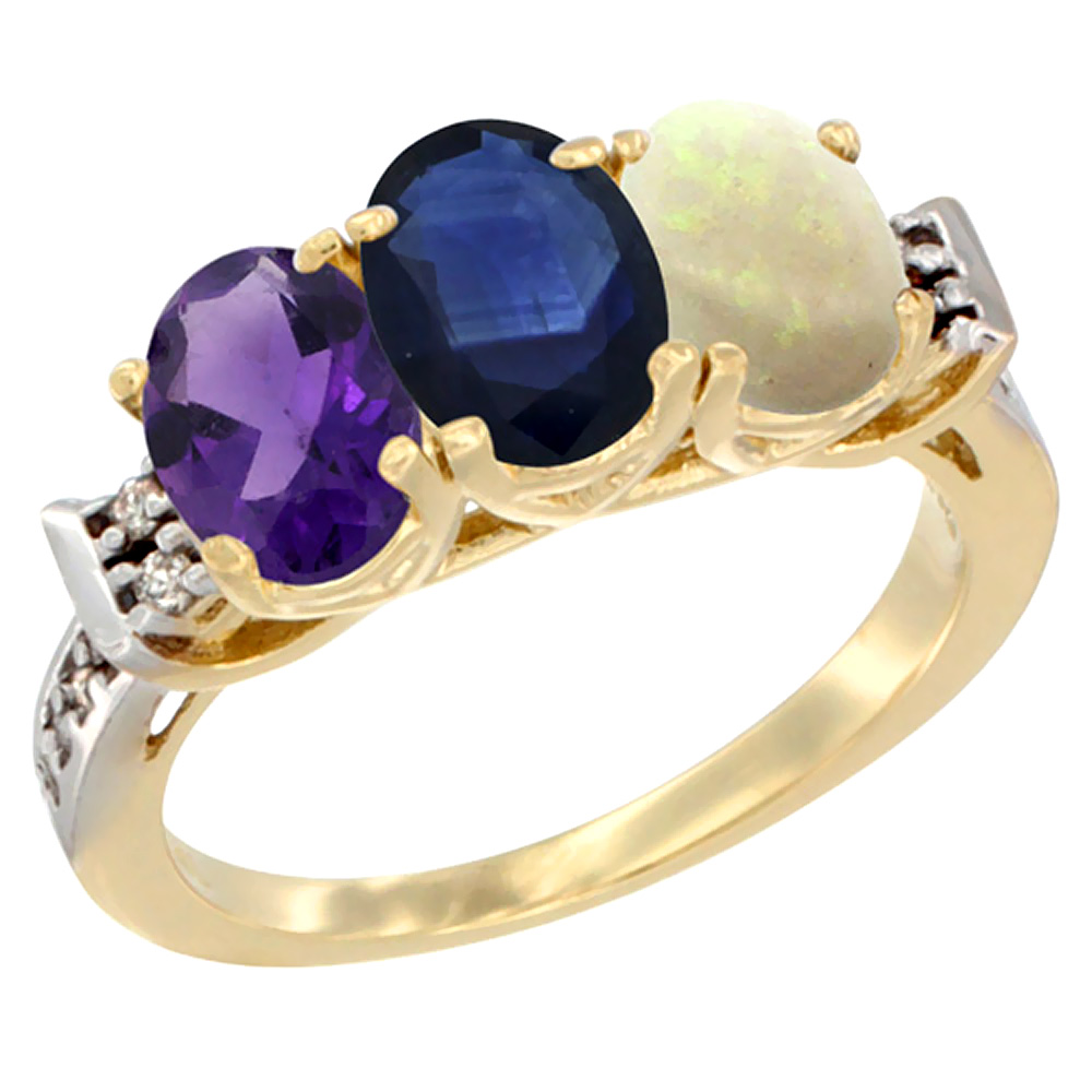 14K Yellow Gold Natural Amethyst, Blue Sapphire &amp; Opal Ring 3-Stone 7x5 mm Oval Diamond Accent, sizes 5 - 10