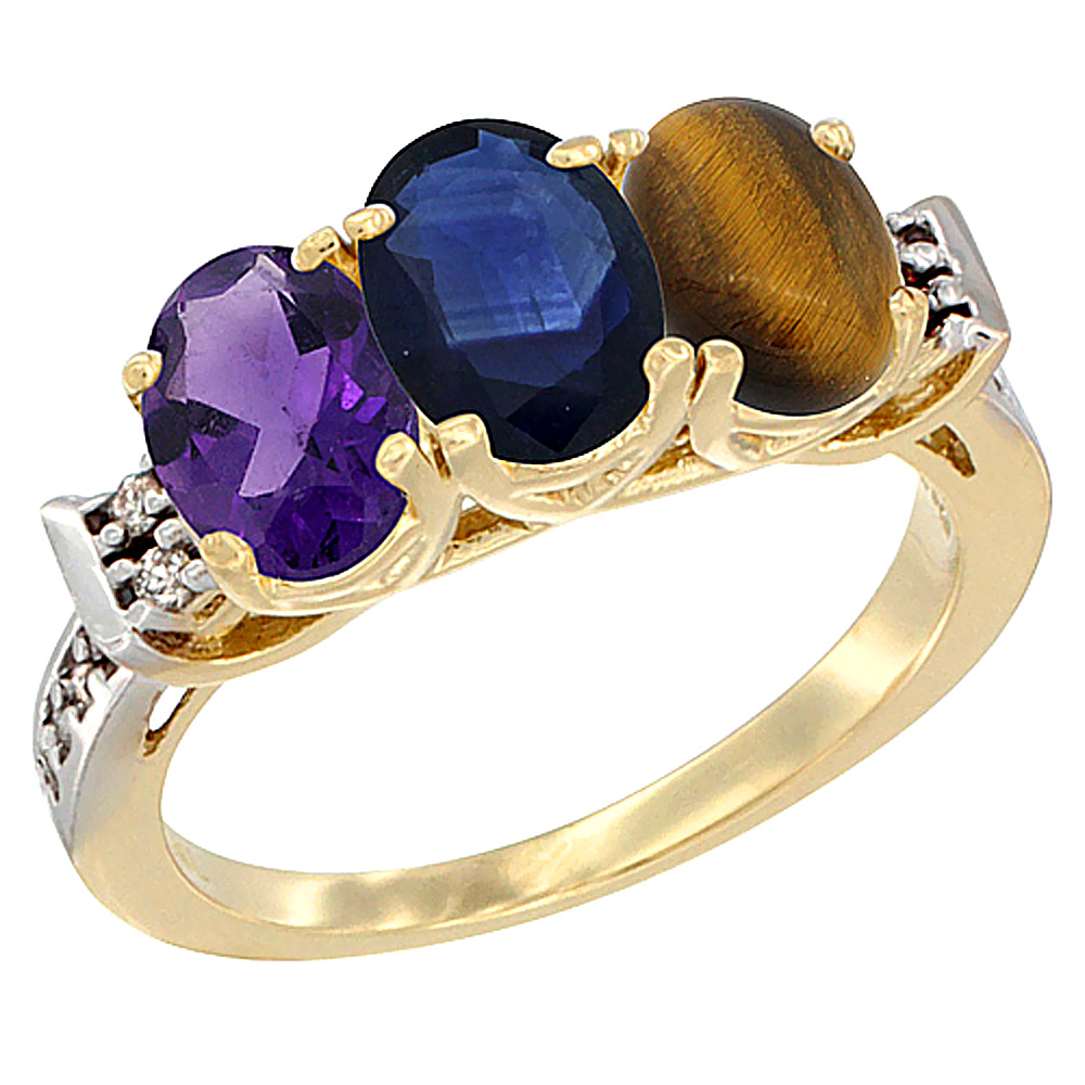 14K Yellow Gold Natural Amethyst, Blue Sapphire & Tiger Eye Ring 3-Stone 7x5 mm Oval Diamond Accent, sizes 5 - 10