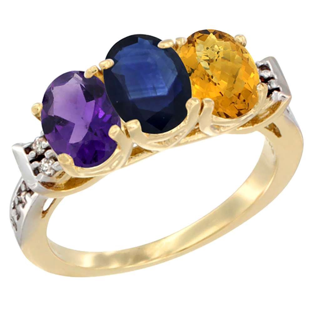 10K Yellow Gold Natural Amethyst, Blue Sapphire &amp; Whisky Quartz Ring 3-Stone Oval 7x5 mm Diamond Accent, sizes 5 - 10