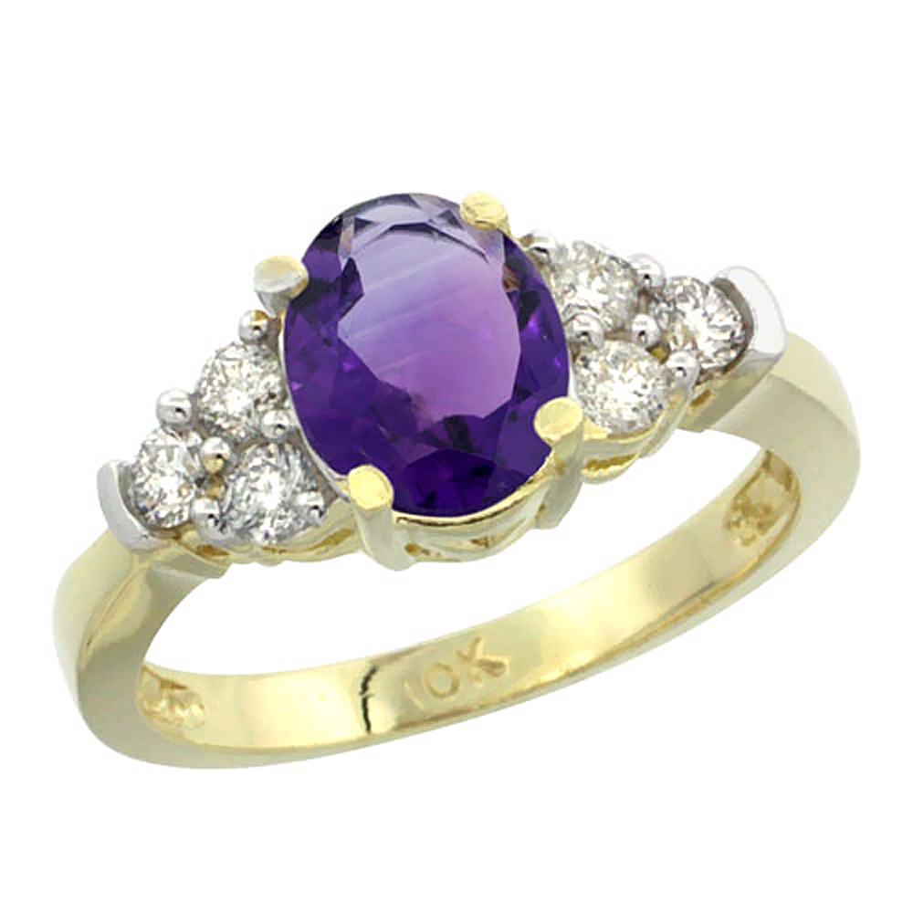 14K Yellow Gold Natural Amethyst Ring Oval 9x7mm Diamond Accent, sizes 5-10