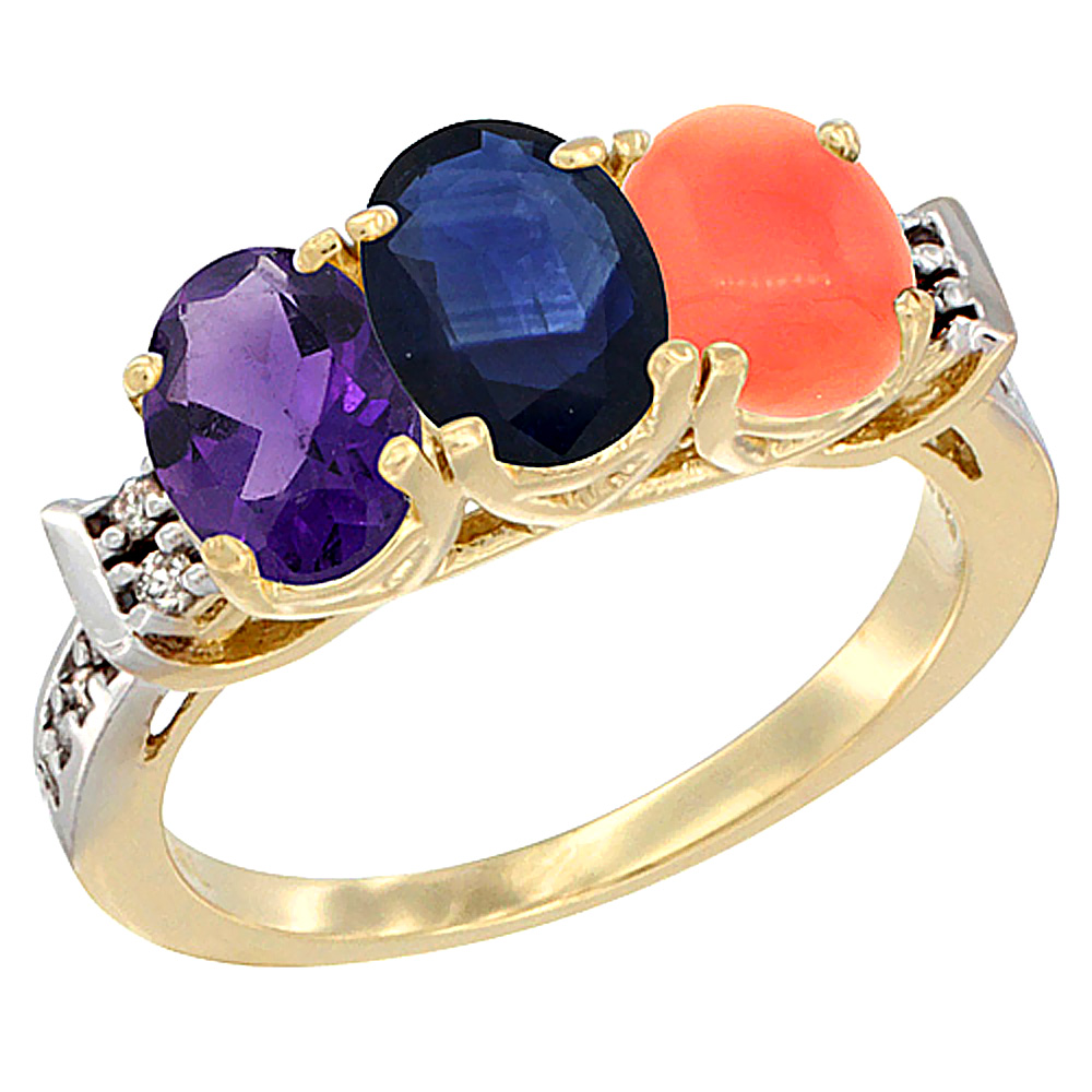 10K Yellow Gold Natural Amethyst, Blue Sapphire & Coral Ring 3-Stone Oval 7x5 mm Diamond Accent, sizes 5 - 10
