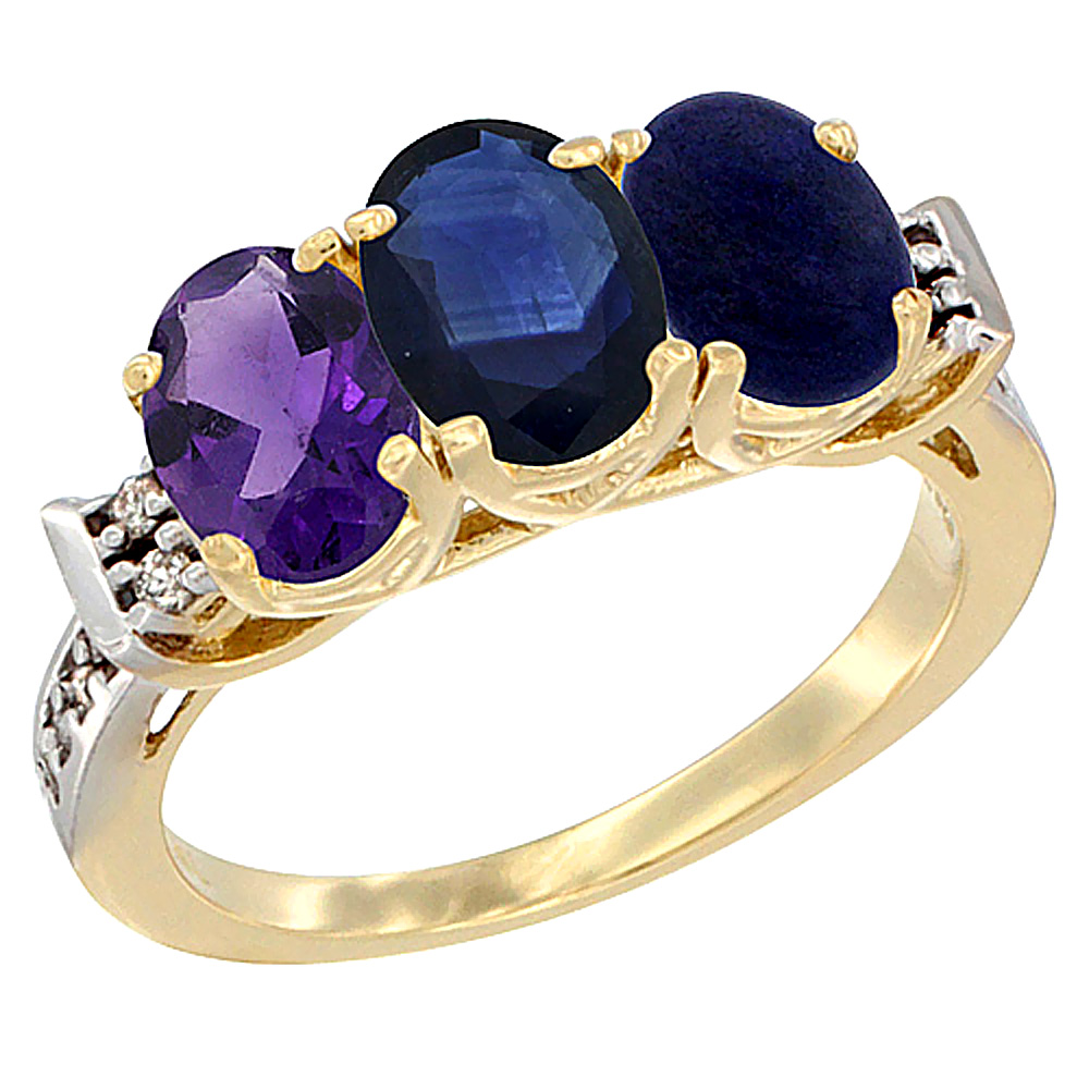 10K Yellow Gold Natural Amethyst, Blue Sapphire & Lapis Ring 3-Stone Oval 7x5 mm Diamond Accent, sizes 5 - 10
