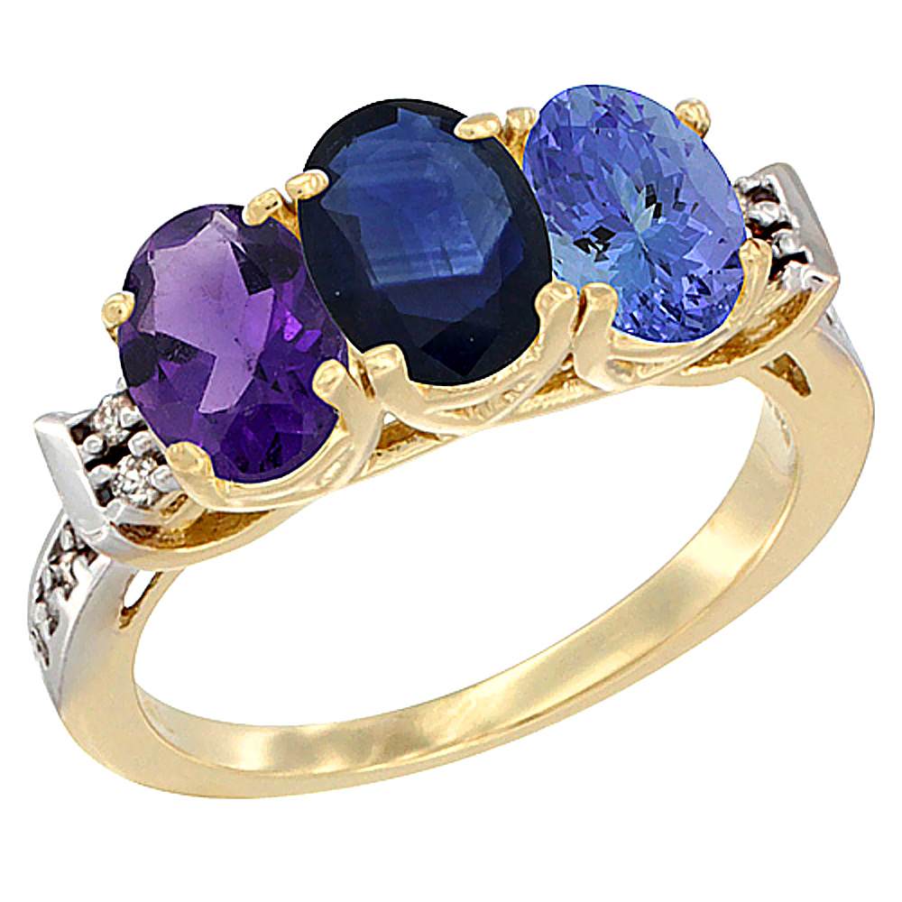 10K Yellow Gold Natural Amethyst, Blue Sapphire &amp; Tanzanite Ring 3-Stone Oval 7x5 mm Diamond Accent, sizes 5 - 10