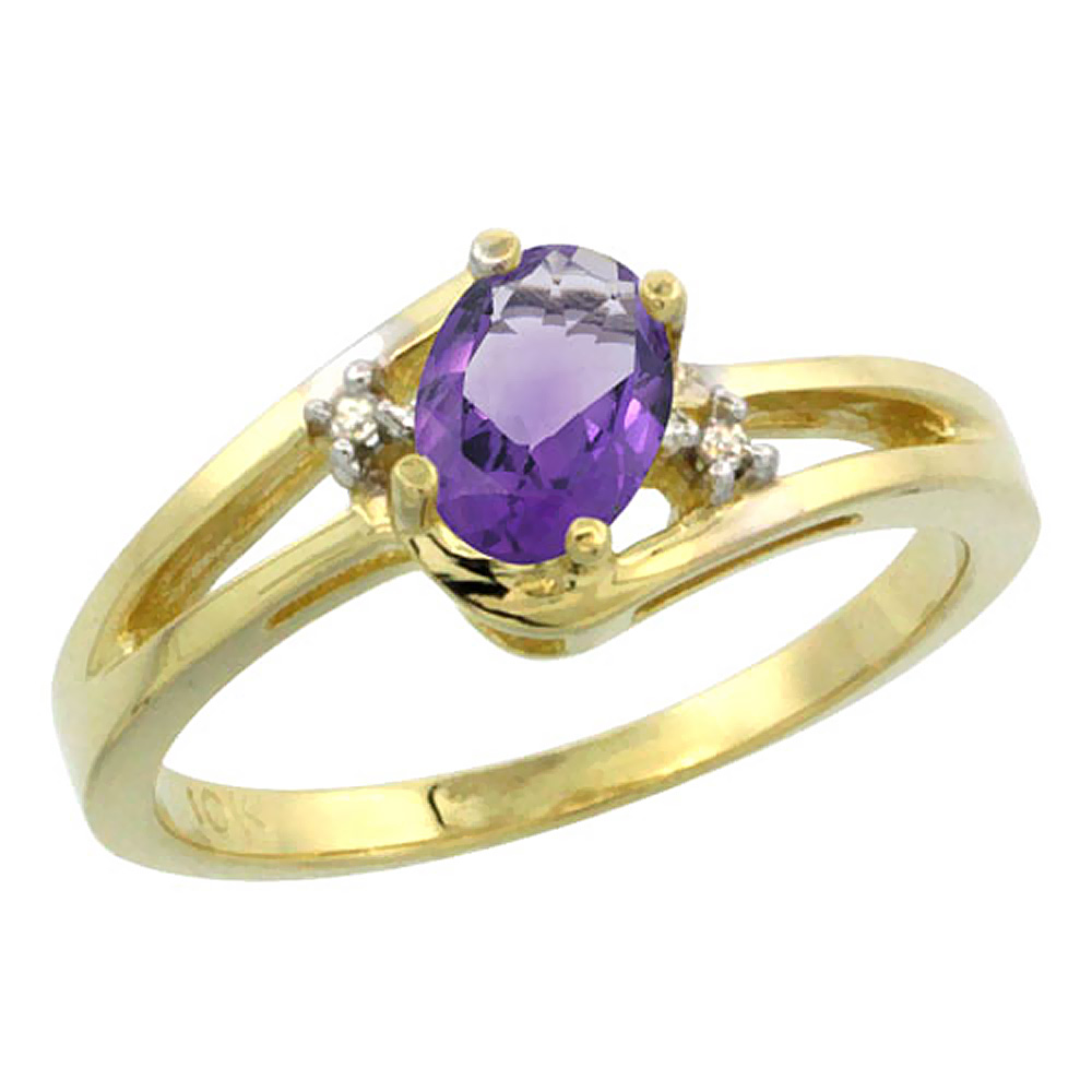 14K Yellow Gold Diamond Natural Amethyst Ring Oval 6x4 mm, sizes 5-10