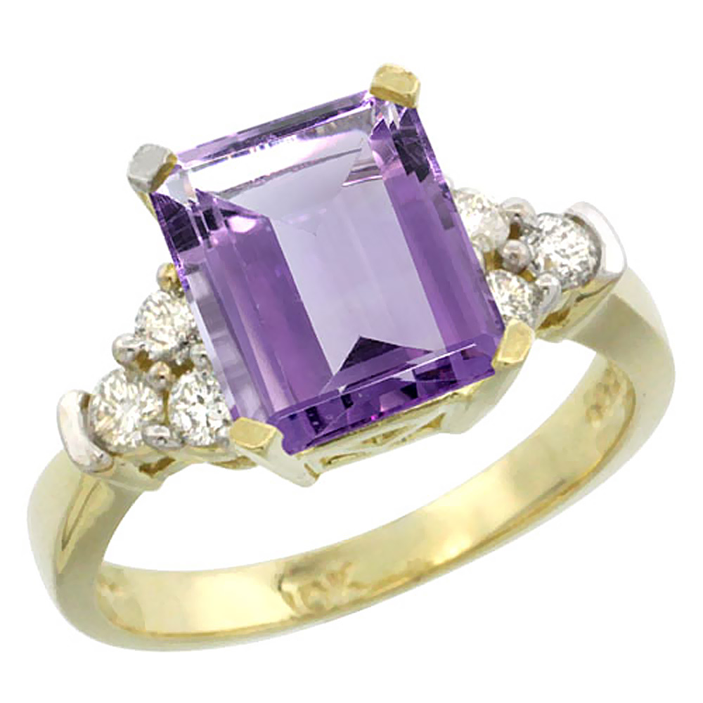14K Yellow Gold Natural Amethyst Ring Octagon 9x7mm Diamond Accent, sizes 5-10