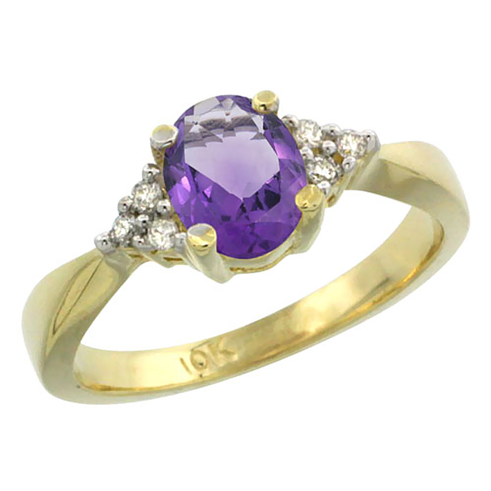 10K Yellow Gold Diamond Genuine Amethyst Engagement Ring Oval 7x5mm sizes 5-10