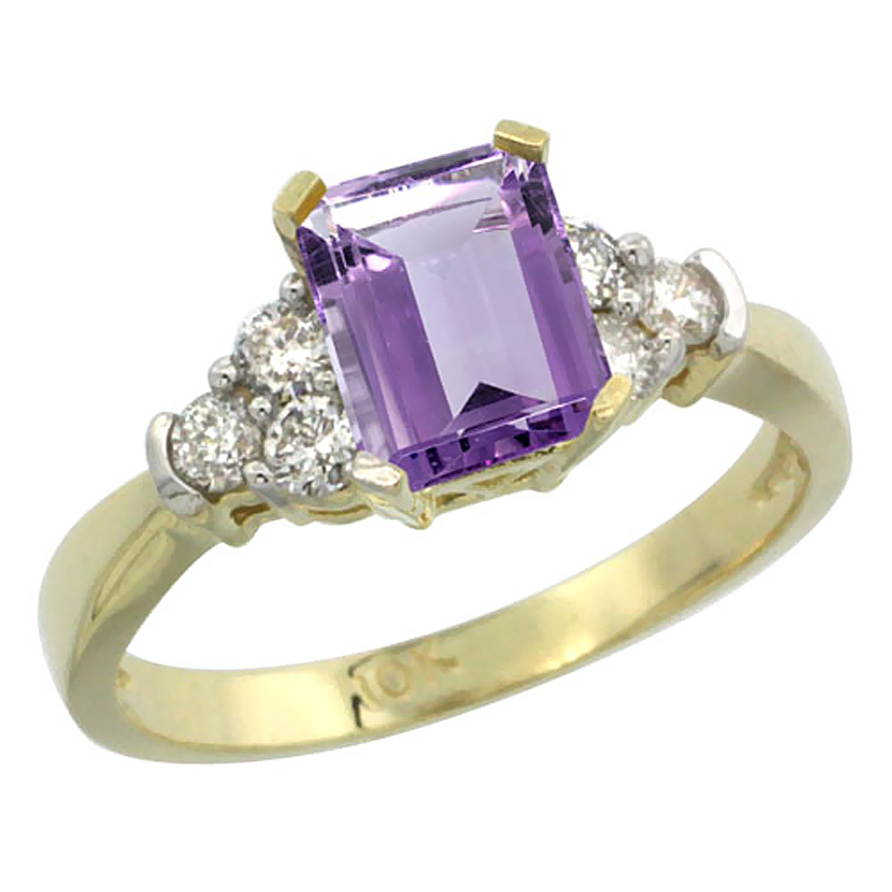 14K Yellow Gold Natural Amethyst Ring Octagon 7x5mm Diamond Accent, sizes 5-10