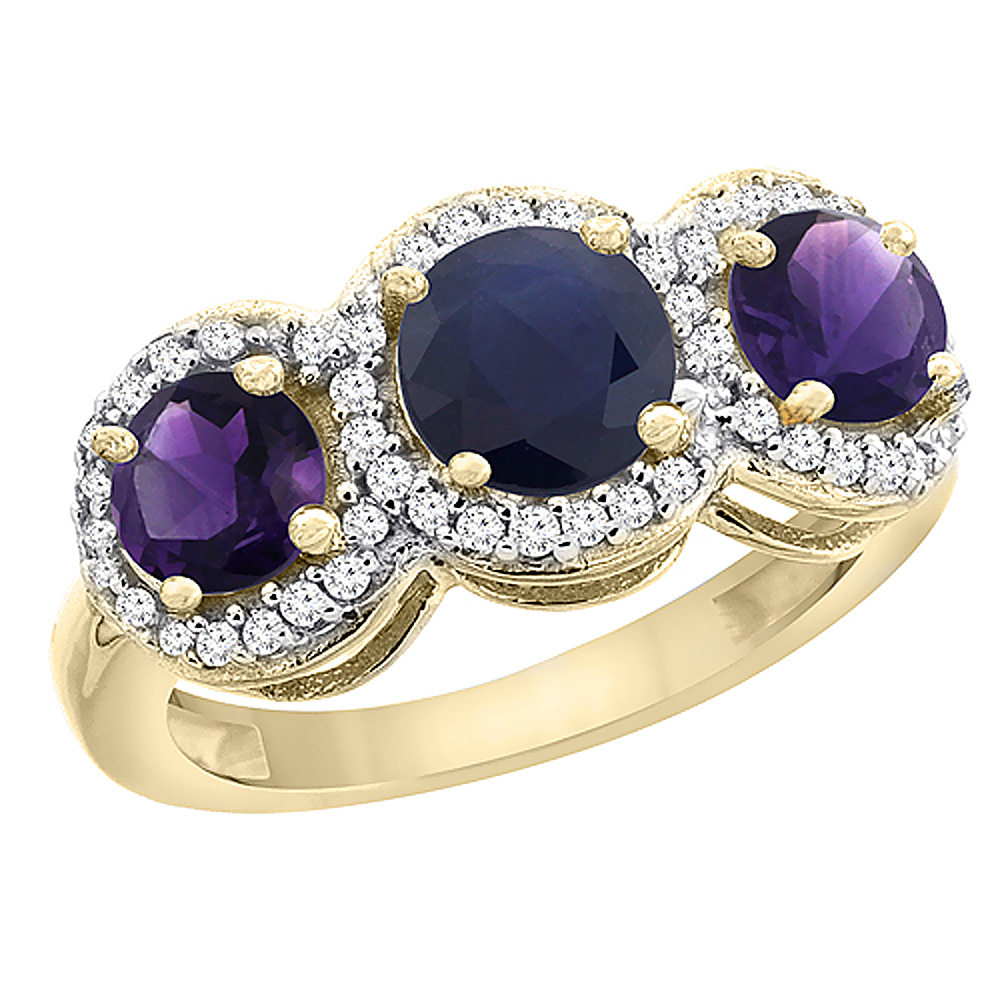 10K Yellow Gold Natural High Quality Blue Sapphire & Amethyst Sides Round 3-stone Ring Diamond Accents, sizes 5 - 10