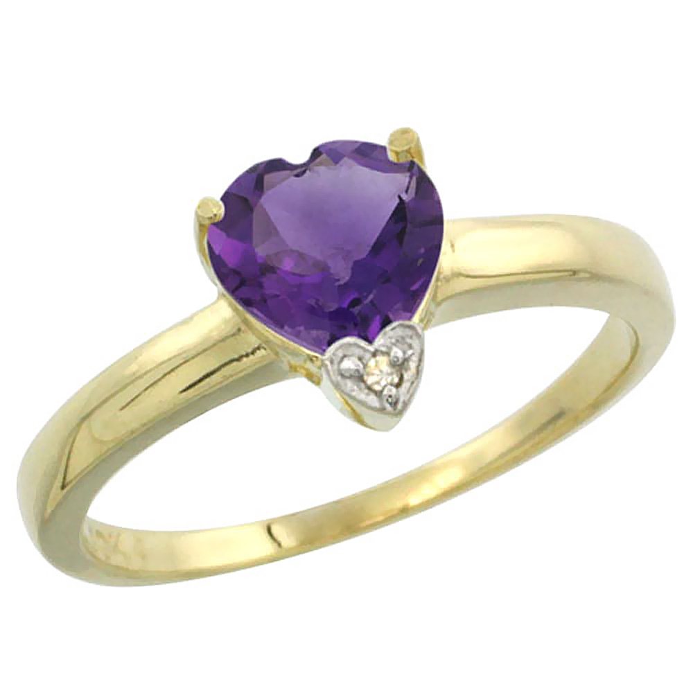 14K Yellow Gold Natural Amethyst Heart 7x7mm Diamond Accent, sizes 5-10