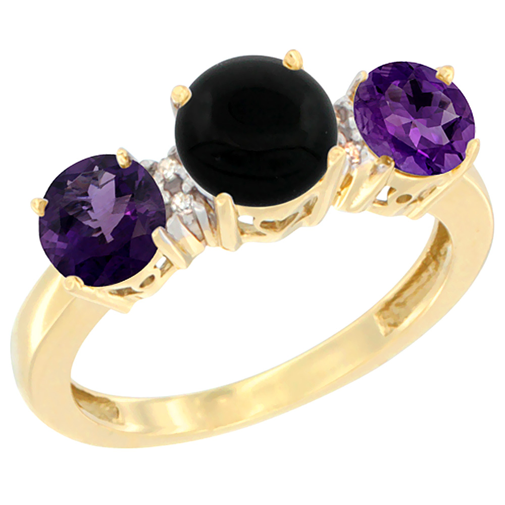 10K Yellow Gold Round 3-Stone Natural Black Onyx Ring & Amethyst Sides Diamond Accent, sizes 5 - 10