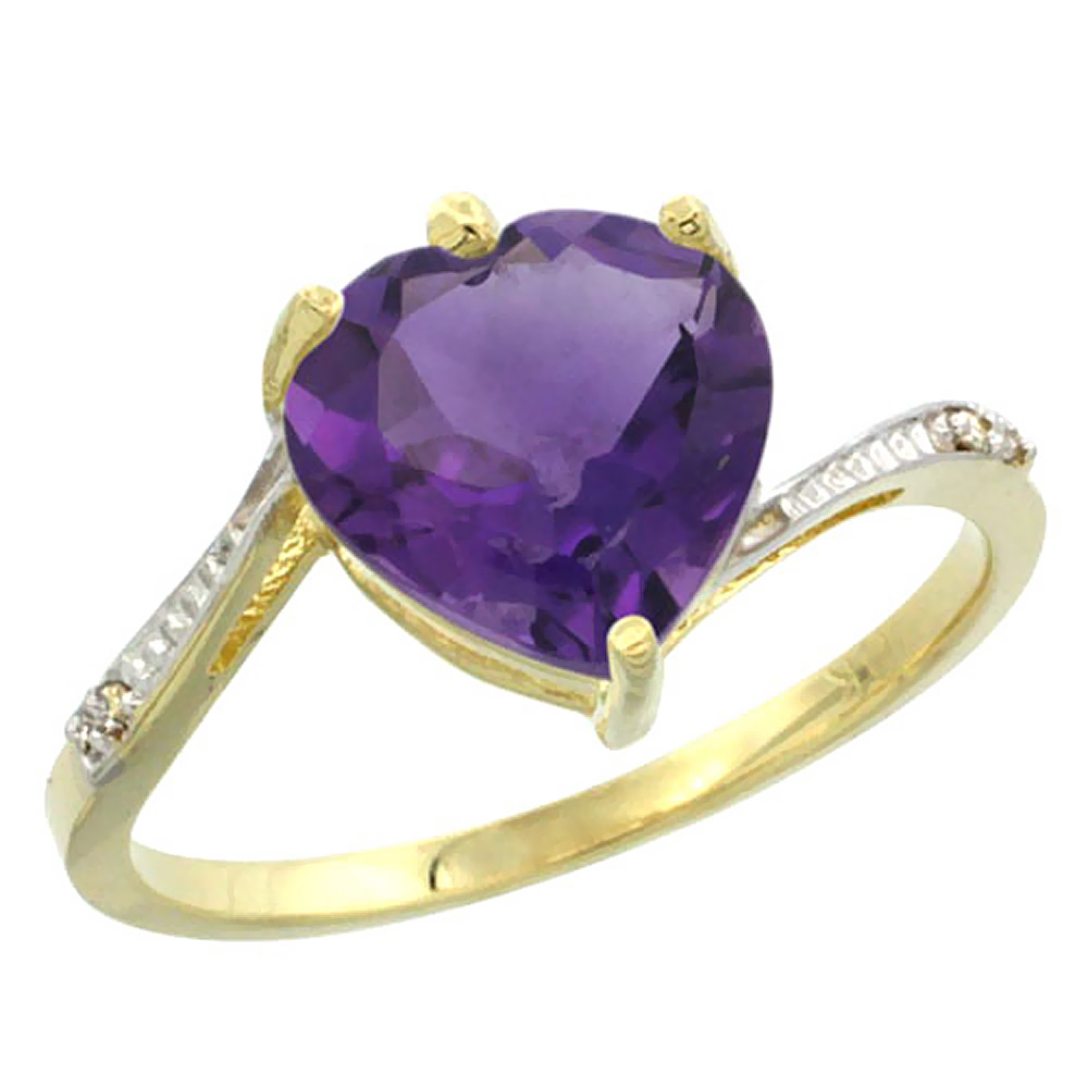 14K Yellow Gold Natural Amethyst Ring Heart 9x9mm Diamond Accent, sizes 5-10