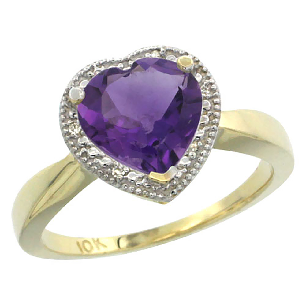 14K Yellow Gold Natural Amethyst Ring Heart 8x8mm Diamond Accent, sizes 5-10