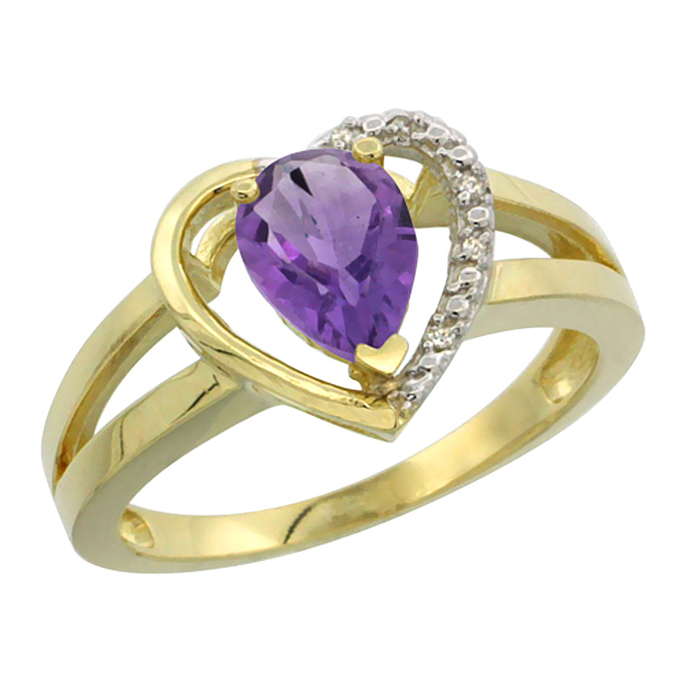 14K Yellow Gold Natural Amethyst Heart Ring Pear 7x5 mm Diamond Accent, sizes 5-10