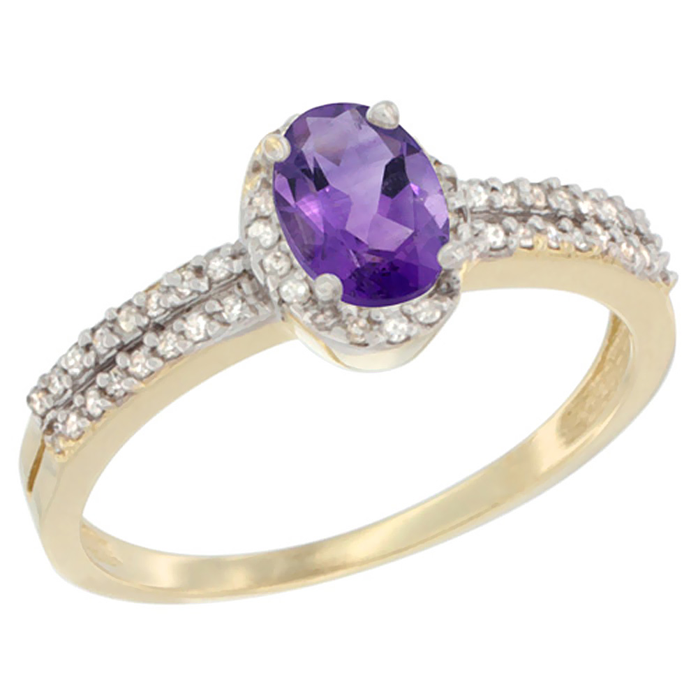 14K Yellow Gold Natural Amethyst Ring Oval 6x4mm Diamond Accent, sizes 5-10