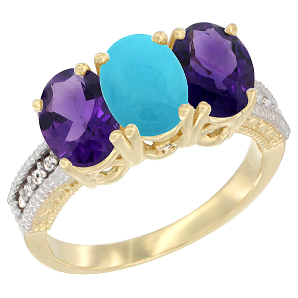 14K Yellow Gold Natural Turquoise & Amethyst Ring 3-Stone 7x5 mm Oval Diamond Accent, sizes 5 - 10