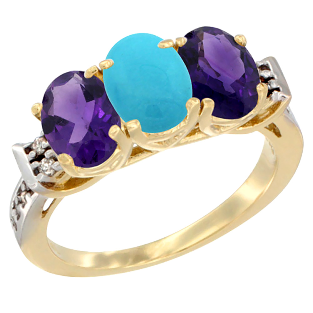 10K Yellow Gold Natural Turquoise &amp; Amethyst Sides Ring 3-Stone Oval 7x5 mm Diamond Accent, sizes 5 - 10