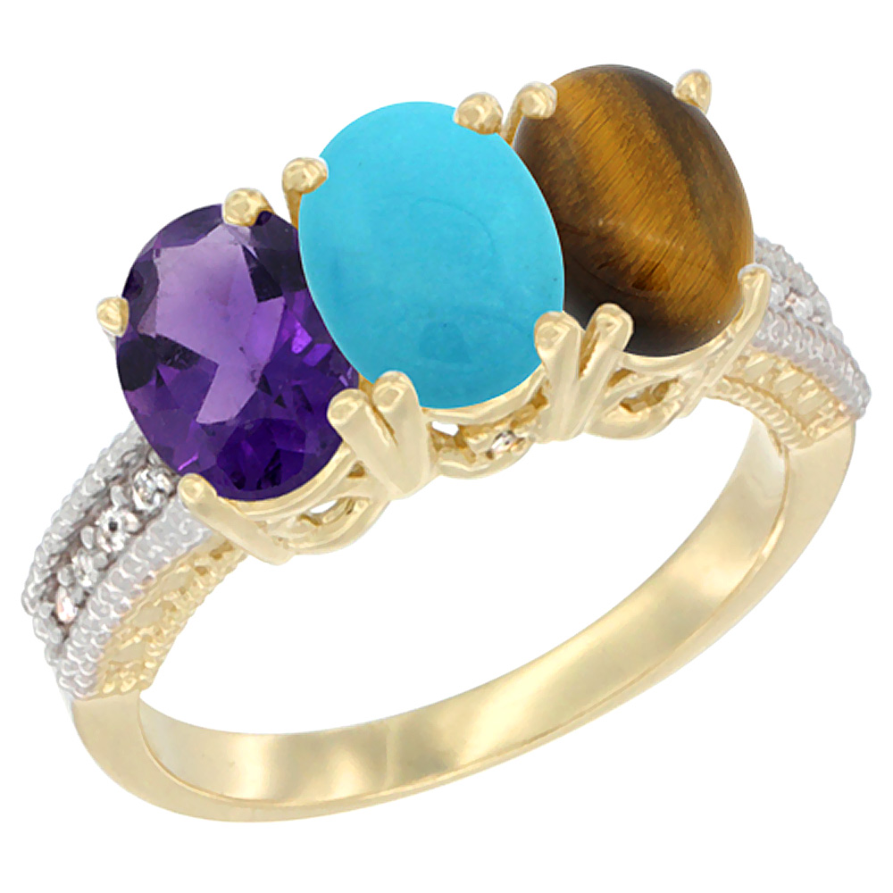 14K Yellow Gold Natural Amethyst, Turquoise & Tiger Eye Ring 3-Stone 7x5 mm Oval Diamond Accent, sizes 5 - 10