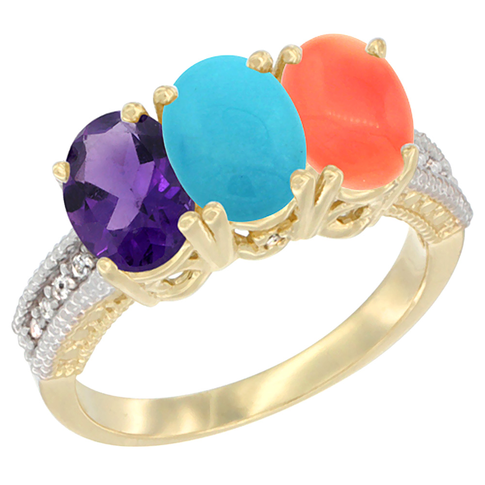 10K Yellow Gold Diamond Natural Amethyst, Turquoise & Coral Ring Oval 3-Stone 7x5 mm,sizes 5-10