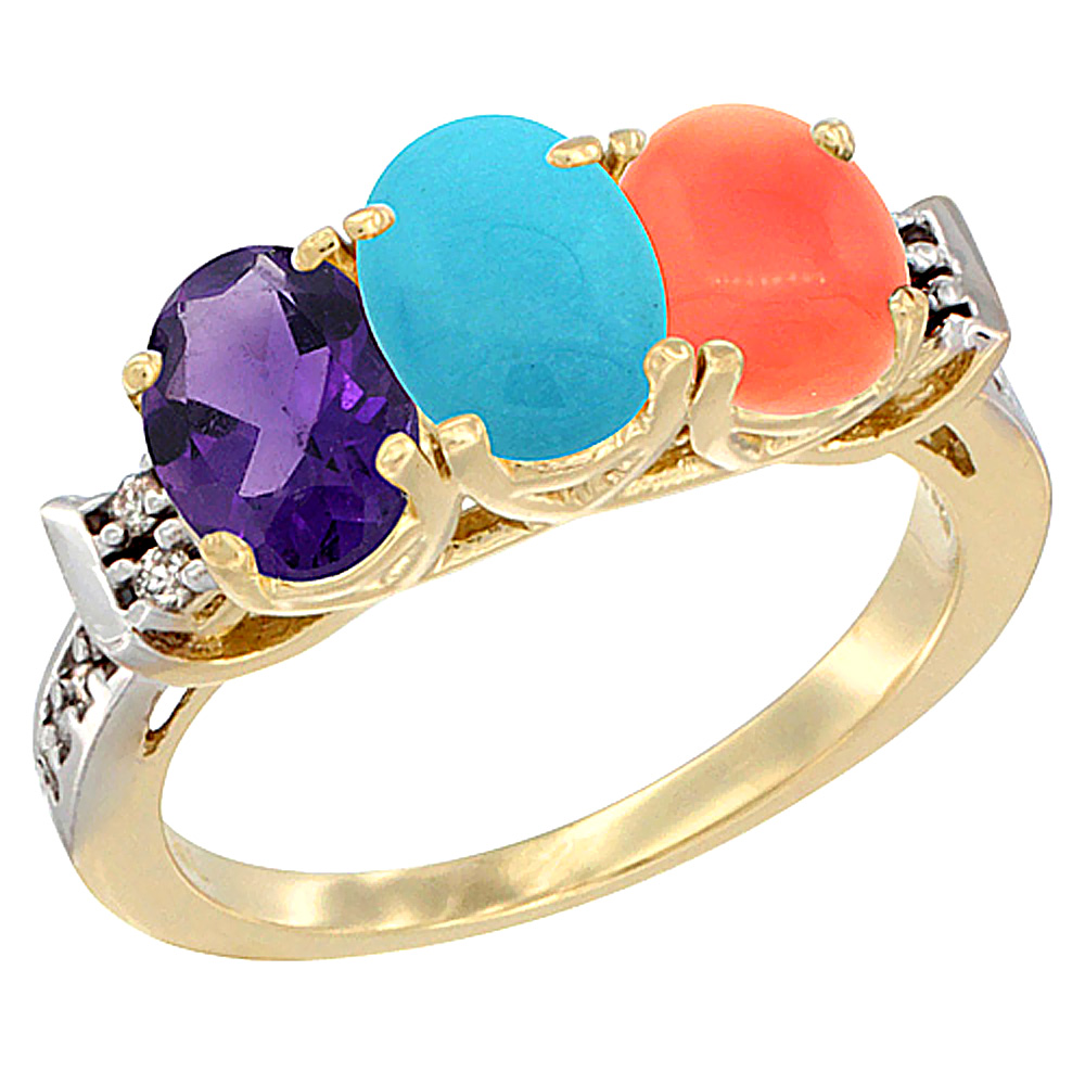 10K Yellow Gold Natural Amethyst, Turquoise & Coral Ring 3-Stone Oval 7x5 mm Diamond Accent, sizes 5 - 10