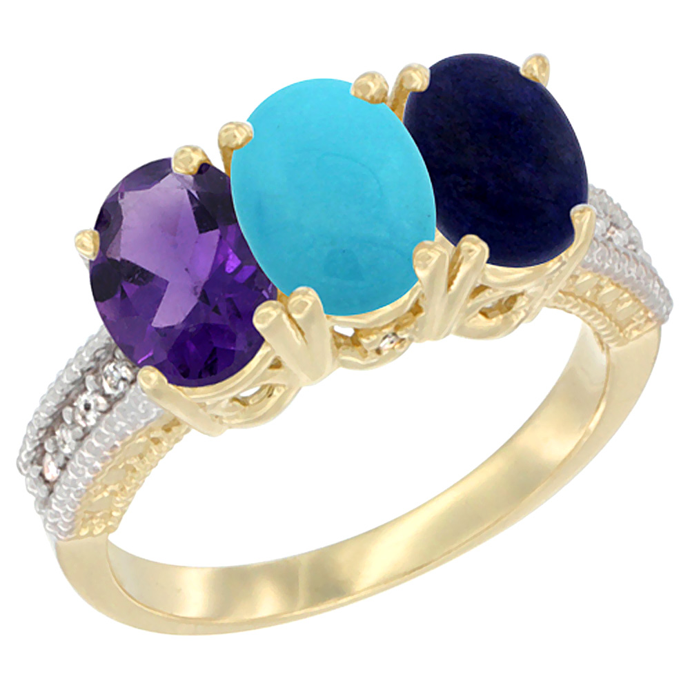 10K Yellow Gold Diamond Natural Amethyst, Turquoise & Lapis Ring Oval 3-Stone 7x5 mm,sizes 5-10