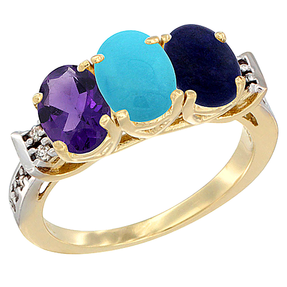 14K Yellow Gold Natural Amethyst, Turquoise & Lapis Ring 3-Stone 7x5 mm Oval Diamond Accent, sizes 5 - 10