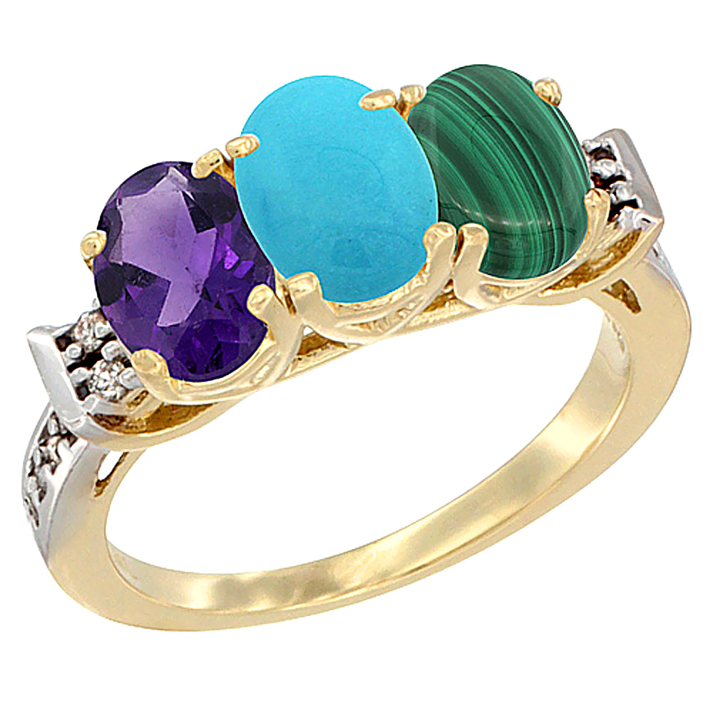 14K Yellow Gold Natural Amethyst, Turquoise & Malachite Ring 3-Stone 7x5 mm Oval Diamond Accent, sizes 5 - 10