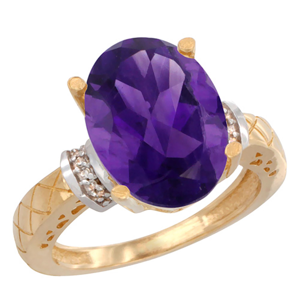 14K Yellow Gold Diamond Natural Amethyst Ring Oval 14x10mm, sizes 5-10