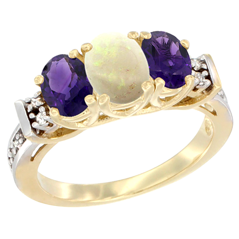 10K Yellow Gold Natural Opal & Amethyst Ring 3-Stone Oval Diamond Accent
