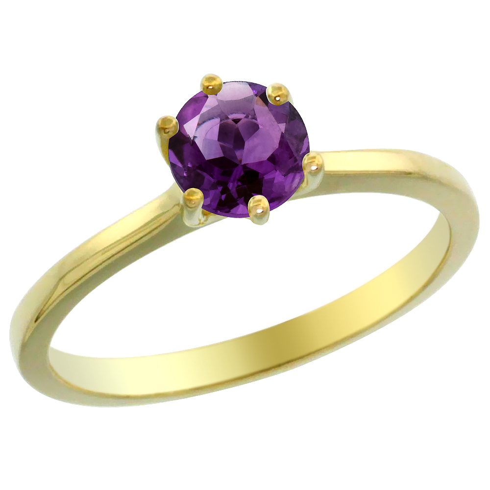 14K Yellow Gold Natural Amethyst Solitaire Ring Round 6mm, sizes 5 - 10