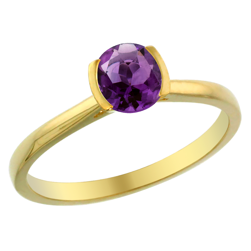 14K Yellow Gold Natural Amethyst Solitaire Ring Round 5mm, sizes 5 - 10