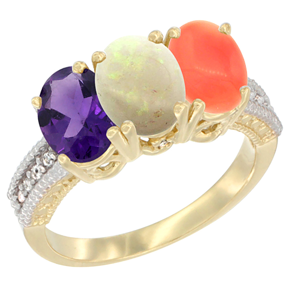 14K Yellow Gold Natural Amethyst, Opal & Coral Ring 3-Stone 7x5 mm Oval Diamond Accent, sizes 5 - 10