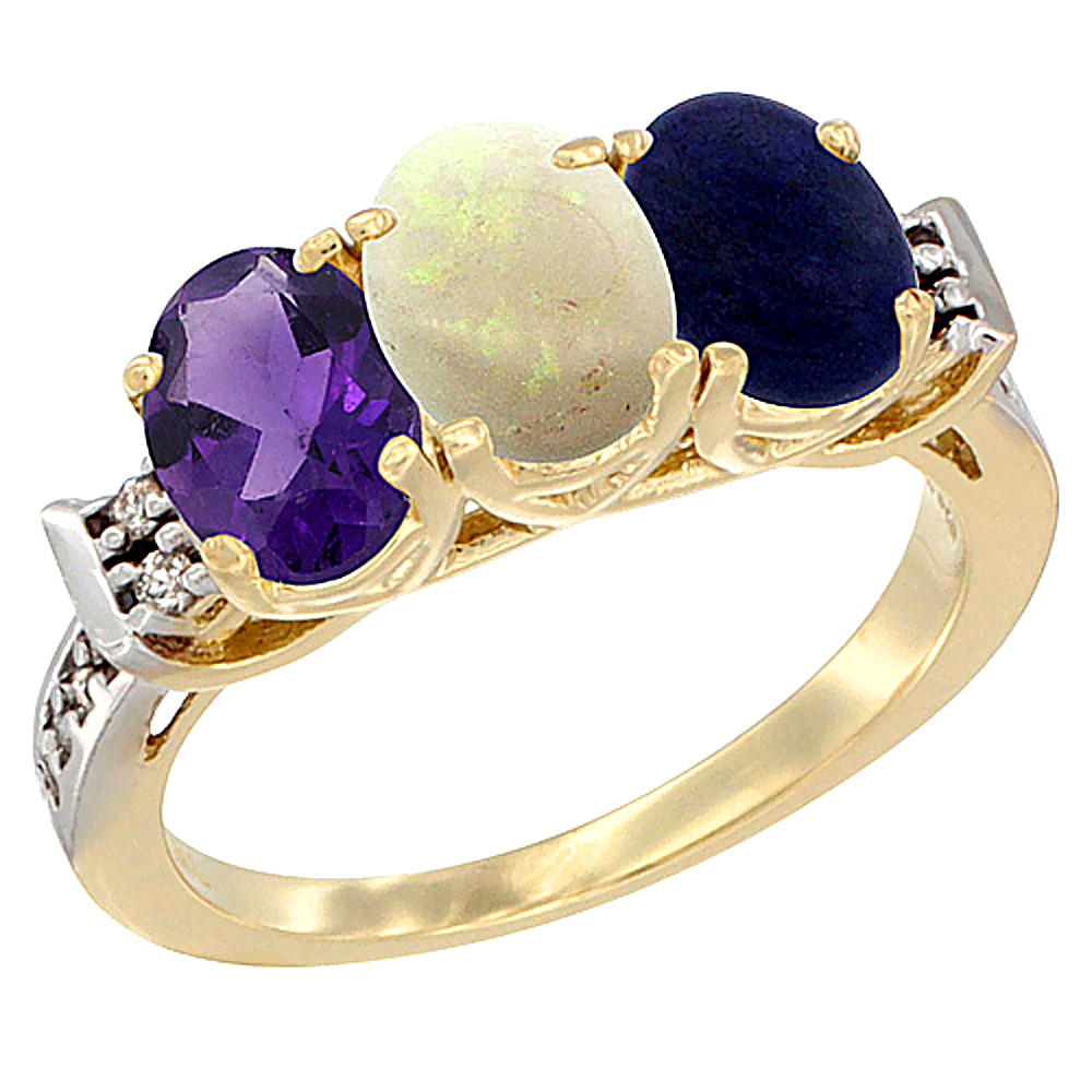 10K Yellow Gold Natural Amethyst, Opal & Lapis Ring 3-Stone Oval 7x5 mm Diamond Accent, sizes 5 - 10
