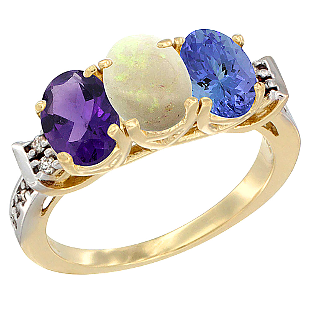14K Yellow Gold Natural Amethyst, Opal & Tanzanite Ring 3-Stone 7x5 mm Oval Diamond Accent, sizes 5 - 10
