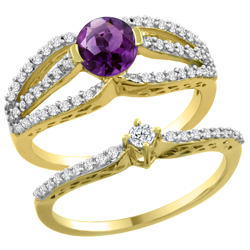 14K Yellow Gold Natural Amethyst 2-piece Engagement Ring Set Round 5mm, sizes 5 - 10
