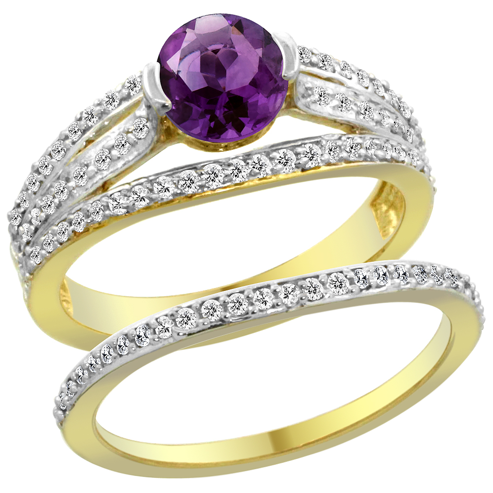 14K Yellow Gold Natural Amethyst 2-piece Engagement Ring Set Round 6mm, sizes 5 - 10