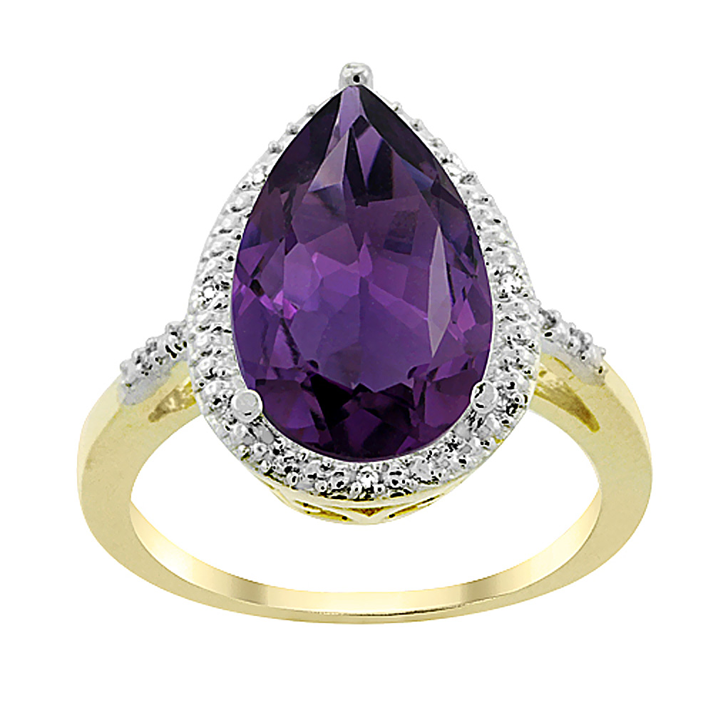 10K Yellow Gold Genuine Amethyst Ring Pear Shape 10x15 mm Diamond Accent sizes 5 - 10