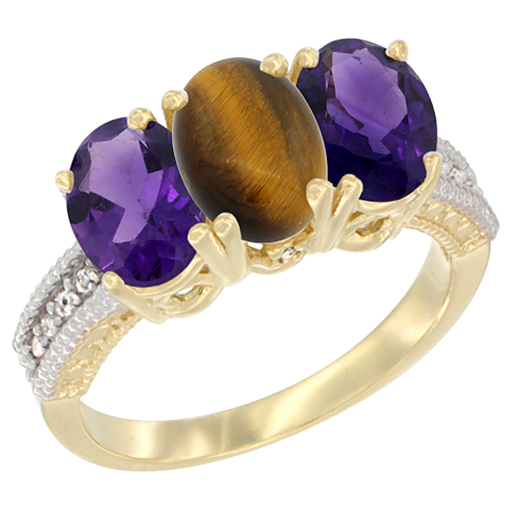 14K Yellow Gold Natural Tiger Eye &amp; Amethyst Ring 3-Stone 7x5 mm Oval Diamond Accent, sizes 5 - 10